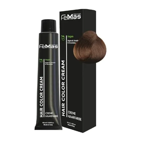 FemMas Haarfarbe Hellbraun Gold 5.3 I Creme Haarfarbe mit Arganöl, Keratin & Ceramiden I Als dauerhafte Haarfärbung oder Tönung für strahlende, haltbare Farbergebnisse I 100 ml