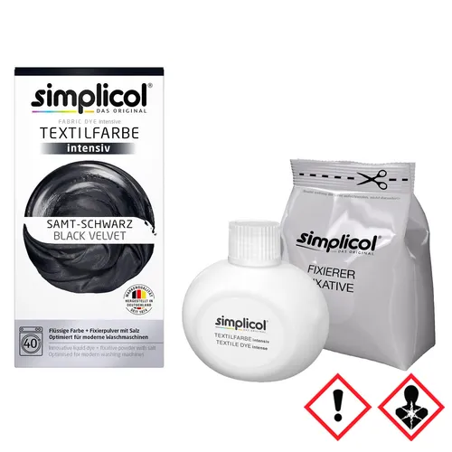 simplicol Textilfarbe intensiv, Samt-Schwarz - All-in-1 für Waschmaschine - Textilfarbe für Baumwolle, Viskose und Mischgewebe. Brillantes Samt-Schwarz, einfache Anwendung bei 40 °C in der Waschmaschine, ideal zum Neufärben und Auffrischen.