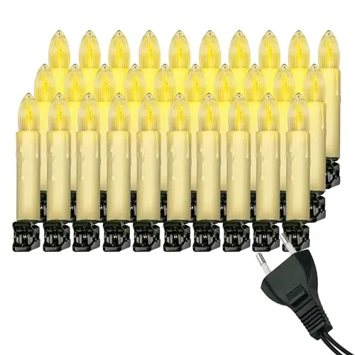 Retro Weihnachtsbaum-Lichterkette mit LED Filament Kerzen – Nostalgische Baumbeleuchtung (30 Kerzen, creme) - Klassische Weihnachtsbaumbeleuchtung mit warmweißen LED-Filament-Kerzen. Austauschbare E10 Leuchtmittel für langlebigen Einsatz und nostalgisches Ambiente. Ideal für festliche Dekoration im Innenbereich.
