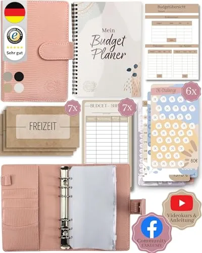 BeginnerBudget® Budget Planner Deutsch - Starterset mit Sparchallenge Budgetplaner deutsch - Sparen mit Umschlagmethode + Anleitung - Ringbuch A6 - Binder A6 Gecko-Style (Rosa (mit Budgetplaner)