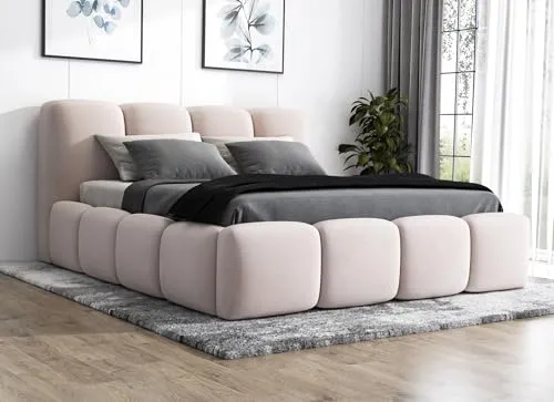 Polsterbett DONA -OM 90 x 200 mit Bettkasten, Beige - Bequemes Polsterbett mit Bettkasten und Lattenrost, pflegeleichte Oberfläche und robustes Design für langlebigen Komfort. Ideal für kleine Räume.