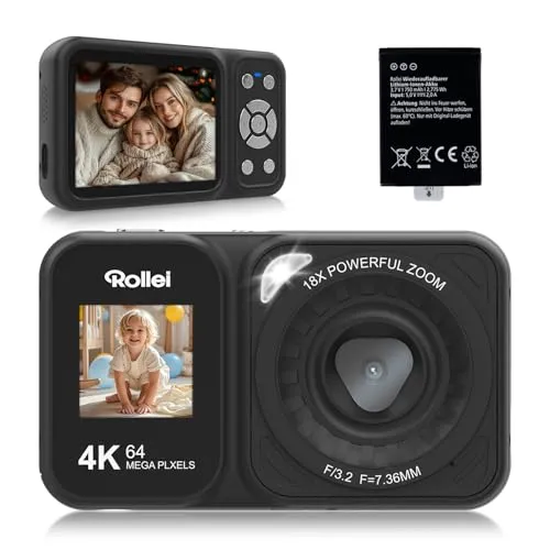 Rollei Compactline 64 Dual Screen Digitalkamera - Digitale Kompaktkamera mit 64MP und 4K-Video, innovativem Dual Display für einfache Selfies und vielseitige Aufnahmen. Ideal für Kinder und Anfänger.