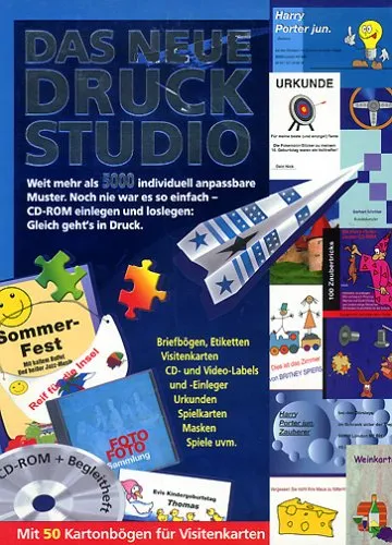 Das neue Druckstudio, CD-ROM Für Windows 95, 98, Me, NT, 2000. Über 5000 individuell anpassbare Muster. Briefbögen, Etiketten, Visitenkarten, CD- u. Videolabels, Urkunden, Spielkarten, Masken u. v. m