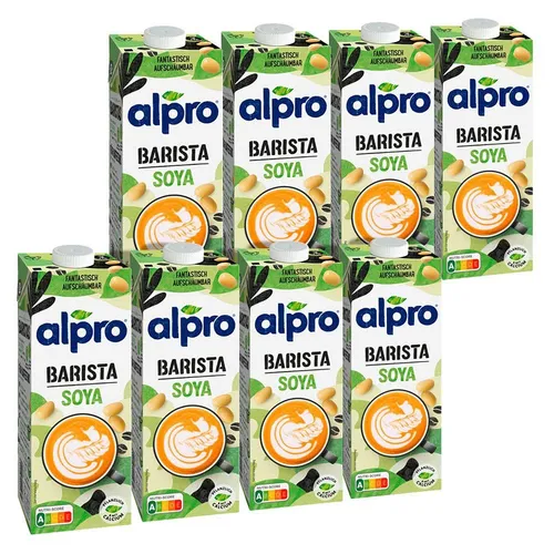 alpro Sojadrink Barista, 8 x 1 Liter - Leicht aufschäumbare Milchalternative auf Sojabasis, ideal für Kaffeespezialitäten. Zuckerarm und 100% pflanzlich, mit hochwertigem pflanzlichem Eiweiß und mildem Sojageschmack.