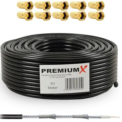 PremiumX 50m Deluxe PRO Koaxial Kabel - 135dB 5-fach geschirmt, reines Kupfer für SAT, DVB-T und UltraHD 4K geeignet