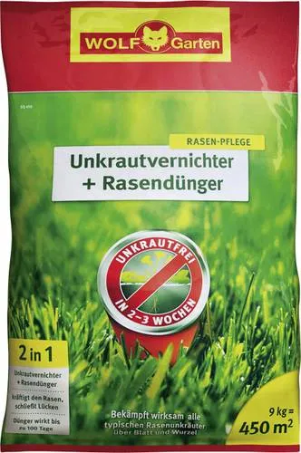WOLF-Garten 2-in-1 Unkrautvernichter + Rasendünger SQ 450 - Dünger für 450 m², vereint Unkrautbekämpfung und Düngung in einem Schritt, wirkt über Blätter und Wurzeln, sorgt für einen gesunden, dichten Rasen.