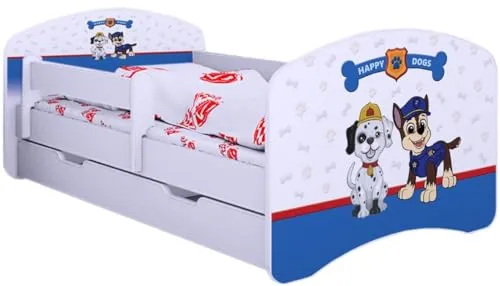 BDW Kinderbett Super Hunde 160x80 mit Matratze & Rausfallschutz - Bequemes Kinderbett für Kleinkinder und Schulkinder, mit hypoallergener Matratze und praktischer Schublade für Spielzeug. Sicherer Rausfallschutz für ungestörten Schlaf.