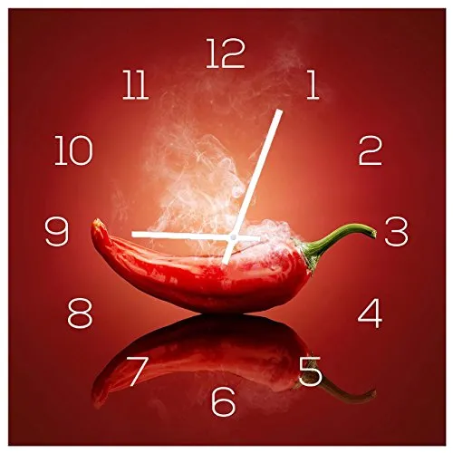 Levandeo® Wanduhr Alu-Dibond 30x30cm - Chili Peperoni Deko - Wanduhren in Alu-Dibond, UV-beständig und ideal für Küche oder Esszimmer. Brillante Farben und reflexionsfreie Oberfläche sorgen für einen echten Blickfang!