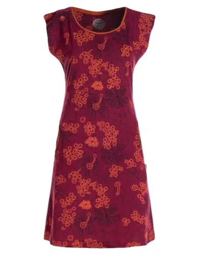 Vishes kurzärmliges Damen-Kleid in dunkelrot – Handgefertigt aus 100% Baumwolle, Größe M (38) - Elegantes, kurzärmliges Kleid in dunkelrot mit Mandalas. Ideal für den Sommer, bietet es Tragekomfort und einen femininen Look dank der seitlichen Taschen und Cap-Sleeve Ärmeln. Perfekt für jeden Anlass!