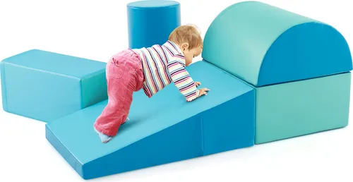 COSTWAY 5-teilige Schaumstoffbausteine - Riesenbausteine in Blau zum Klettern und Toben - 5 weiche Schaumstoffblöcke in verschiedenen Formen fördern spielerisch die motorischen Fähigkeiten und Koordination von Kindern. Ideal für Zuhause, Kindertagesstätten und Vorschulen, mit leicht abnehmbarem Bezug zur einfachen Reinigung.
