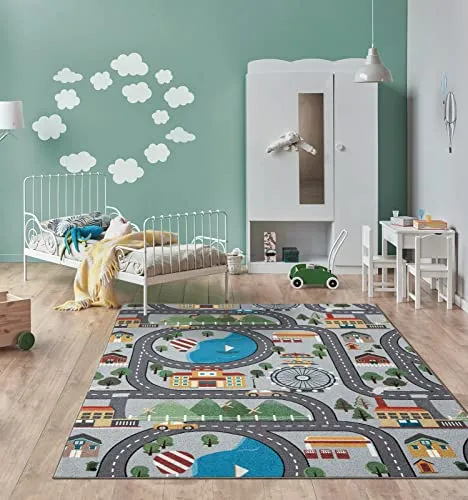 the carpet Happy Life Kinderzimmer, Kinderteppich, Spielteppich, Waschbar, Straßenteppich, Straße, Stadt, Auto, Grau, 80 x 150 cm