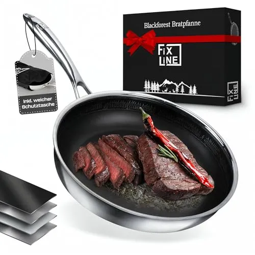 FIXLINE® BLACK FOREST Bratpfanne 28cm - Antihaftbeschichtung für müheloses Braten - Robuste 28cm Bratpfanne mit edlem Edelstahl-Design und hoher Antihaftbeschichtung. Für alle Herdarten inkl. Induktion geeignet und backofentauglich bis 230°C. Genießen Sie müheloses Kochen und einfache Reinigung.