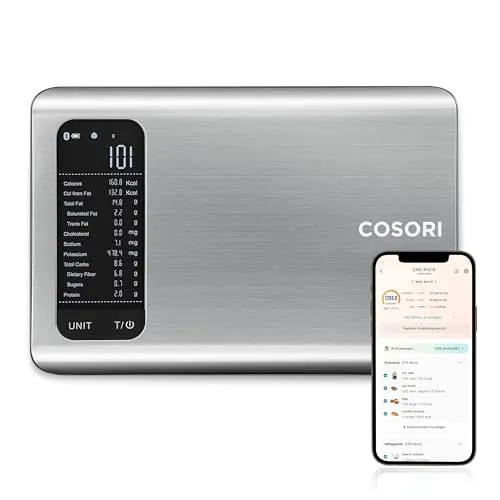Cosori Küchenwaage digital mit Nährwertberechnung - Küchenwaage mit präziser 5kg Kapazität und App zur Verfolgung von 19 Nährstoffen, ideal für gesundes Kochen und Gewichtsmanagement.