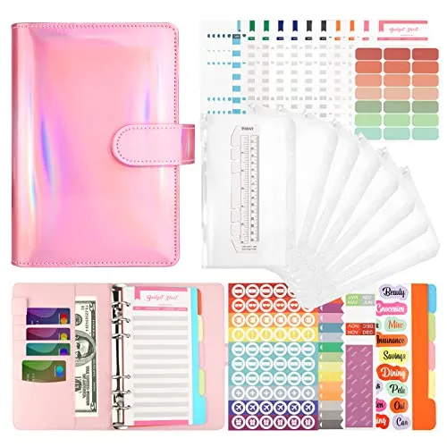 Budget Planner, LTZGO A6 Budget Binder Sparbuch mit Geldfächer und Aufkleber, Laser-PU-Leder Budgetplaner Geld Organizer Cash Stuffing Umschlagmethode mit Folien für Finanzplaner 84PCS (Rosa）