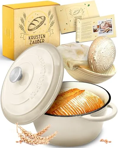 Krustenzauber Brotbackform Gusseisen Topf mit Gärkorb - Pfannen für traditionelles Brotbacken – inklusive Gärkörbchen für perfekte Form und knusprige Kruste. Ideal für Genussmomente zu Hause!