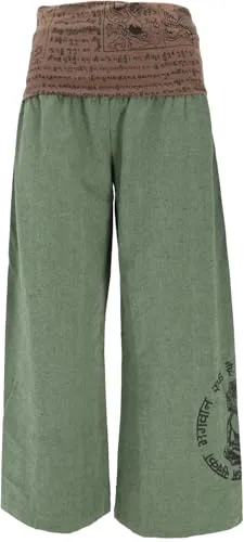 GURU SHOP Weite Marlenehose - Buddha Wellnesshose für Damen, Olive - Yoga-Hosen für Damen mit weitem Bein und breitem, umschlagbarem Bund. Ideal für Yoga und Alltag, kombiniert mit einem einzigartigen Mantradruck und Buddha-Design.