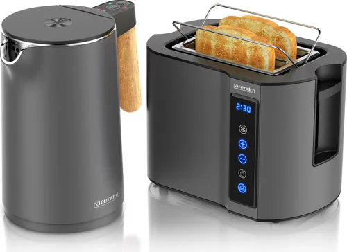 Arendo Frühstücks-Set Edelstahl: Wasserkocher mit Temperatureinstellung & Toaster - Moderne Küchengeräte im eleganten Design. Der Toaster mit 7 Bräunungsgraden und der Wasserkocher mit 7 Temperaturstufen bieten optimale Funktionen für ein genussvolles Frühstück. Ideal auch als Geschenk!