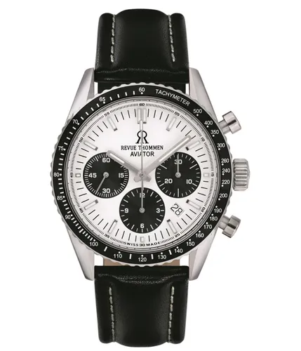 REVUE THOMMEN 17000.6532 Aviator Chronograph Herren Armbanduhr - Herrenarmbanduhr mit 27 Steinen und kratzfestem Saphirglas. Der Chronograph mit analoger Anzeige und elegantem Lederarmband in Schwarz vereint Funktionalität und Stil.