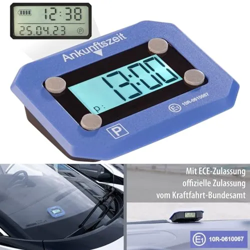 Lescars Parkuhr: Kompakte, Digitale e-Parkscheibe, ECE-Zulassung, Erschütterungssensor (Elektronische Parkscheibe, elektrisch, Windschutzscheibe)