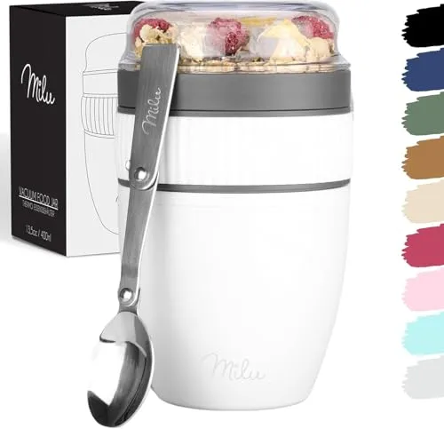 Milu Müslibecher to go 400ml MüsliMax Plastik Joghurtbecher für Müsli I auslaufsicherer Becher mit Löffel für Yoghurt/Porridge (Weiß)