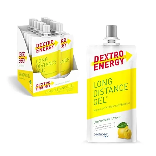 Dextro Energy Long Distance Gel Lemon Yuzu + Magnesium und Natrium - 12x50ml (12er Pack) - High Carb Energy Gel mit Palatinose und Elektrolyte für gleichmäßige Aufnahme