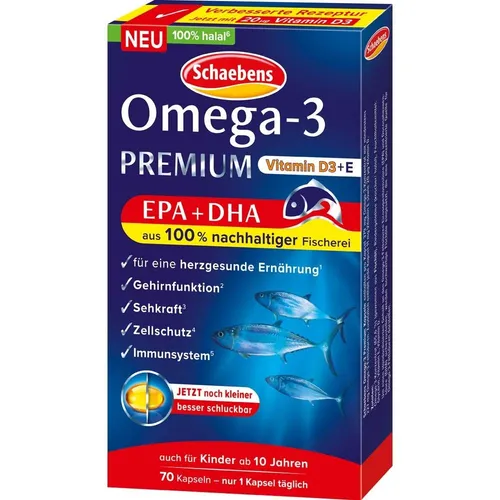 Schaebens Omega-3 Premium + Vitamin D - Omega Fettsäuren, unterstützt Herz- und Gehirnfunktion mit wertvollem Vitamin D3 und E, ideal für eine gesunde Lebensweise.