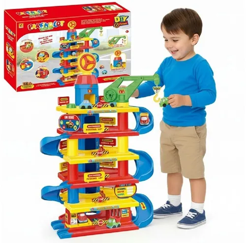 COIL Spiel-Parkgarage Autogarage 75-tlg - Parkgaragen-Set mit Aufzug, Autowaschanlage und Kran, fördert Kreativität und motorische Fähigkeiten bei Kleinkindern.