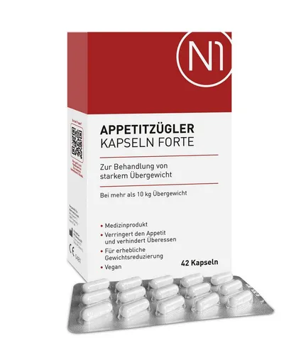 N1 Healthcare N1 Appetitzügler Forte Kapseln 42 St. Kapseln - Ballaststoffe zur Unterstützung der Gewichtsabnahme, bilden eine Gel-Matrix im Magen für langanhaltendes Sättigungsgefühl und helfen, die Portionsgröße zu reduzieren.