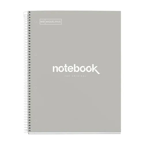 Miquelrius - Notizbuch A4 Notebook, 1 farbiger Streifen, 80 Blatt mit raster 5 x 5 mm, Papier 90 g/m² mikroperforiert mit 4 Bohrungen für 4 Ringe, Einband aus Karton, Farbe Grau