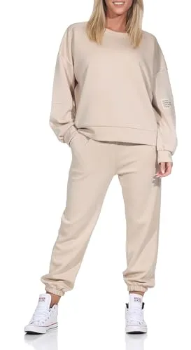 simaranda Damen Jogginganzug, Zweiteiler für Freizeit und Sport, Trainingsanzug, Hausanzug mit Hoodie und Hose 7065 (DE/NL/SE/PL, Numerisch, 36, 42, Regular, Regular, Beige)