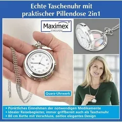 MAXIMEX 2in1 Taschen Uhr mit integrierter Pillendose - Praktische Taschenuhr mit Sprungdeckel und eleganter Silberfarbe. Ideal für unterwegs – Medikamente und Zeit immer griffbereit. Perfekt für Unisex-Erwachsene!