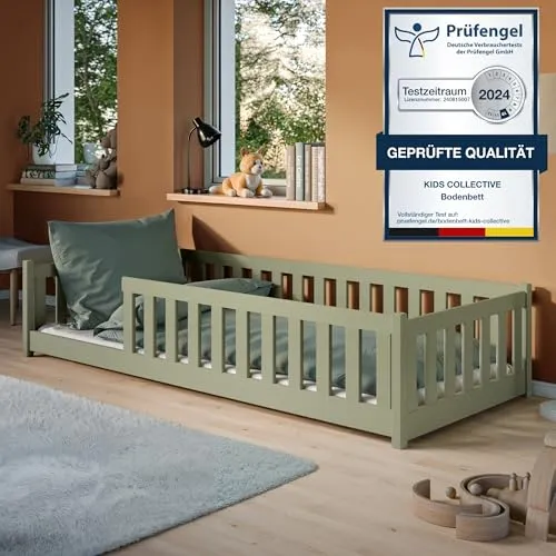 Montessori Kinderbett 80x160 cm mit Rausfallschutz - Hochwertiges Betten aus FSC-zertifiziertem Kiefernholz, sicher und nachhaltig. Mit abnehmbarem Rausfallschutz und stabilem Lattenrost für bis zu 100 kg – ideal für sichere Nächte und spielerisches Lernen.
