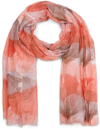styleBREAKER Damen Schal mit farbigem Ginkgo Leaves Blätter Muster Print und kurzen Fransen, leichtes Tuch, Stola 01016208, Farbe:Orange-Braun