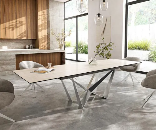 DELIFE Esstisch Edge 200-300x100 – Ausziehbar mit Keramik Laminam® Travertino Bianco - Eleganter Esstisch mit einzigartiger Keramik-Oberfläche und stilvollem Edelstahl-Spider-Gestell. Praktische Ausziehfunktion für flexible Nutzung im Essbereich.