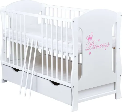 Baby-Delux Babybett Gitterbett Kinderbett Lia Princess 120x60 Weiß mit Schublade Kokos-Buchweizen Matratze Kiefernholz höhenverstellbar