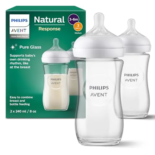 Philips Avent Natural Response Glas Babyflasche 240ml 2er Set - Babyflaschen aus Glas, BPA-frei, geeignet ab 1 Monat, mit variablem Saugerdurchfluss für eine natürliche Fütterung.