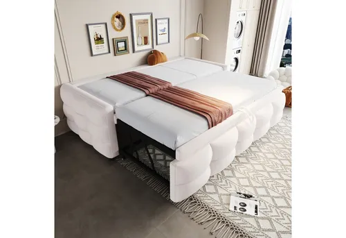 Odikalo Ausziehbett Polsterbett Schlafsofa Tagesbett Lattenrost 90-180x190 Mehrfarbig (Polsterbett Ausziehbares Schlafsofa 90/180*190cm, Puffbett, Teddy Samt Stoff, Einzelbett, Doppelbett, Mit Lattenrost, Multifunktionsbett, Grau / Beige / Rosa)
