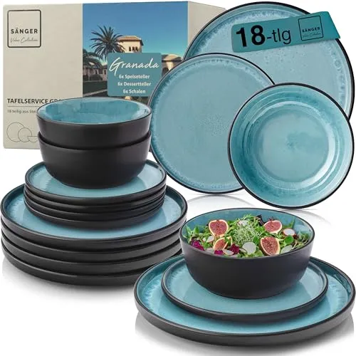 SÄNGER Granada Steingut Geschirr Set 18 tlg - Tafelservice für 6 Personen, kratzfest und langlebig. Elegantes Design in Blau mit schwarzem Rand, ideal für jeden Anlass und unkomplizierten Genuss im Alltag.