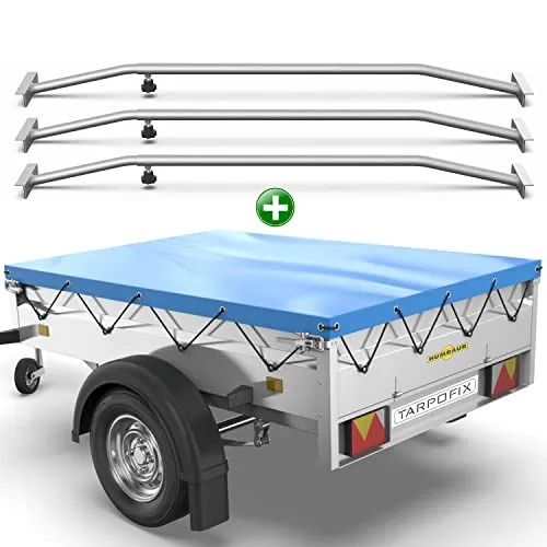 Tarpofix® Anhängerplane 258 x 136 cm + 3X Planenbügel | Anhänger Plane Flachplane aus PVC PLANENMATERIAL | Verstärkte Plane für PKW Hänger | Anhänger Zubehör Abdeckplane + Flachplanenbügel | Blau