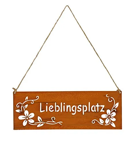 levandeo Schild Lieblingsplatz 25x9cm Außen Garten-Deko Rost Braun Edelrost Rostdeko Blumen Metall Türschild Wandbild Außendeko