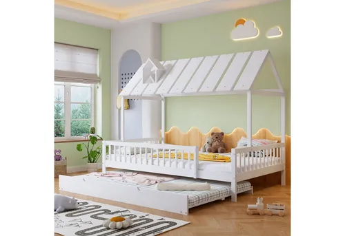 OKWISH Kinderbett Hausbett mit Rollbett und Dach - Verspieltes Kinder- und Jugendbett mit Ausziehbett für zusätzliche Schlafplätze. Der hausförmige Aufbau schafft eine gemütliche Atmosphäre und überzeugt durch praktische Nutzung und sichere Bauweise.