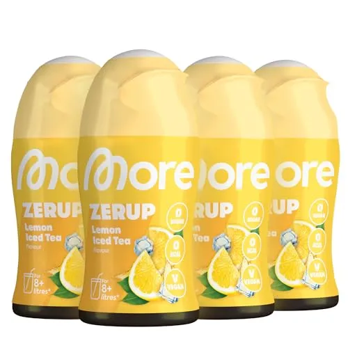 MORE Zerup Lemon Iced Tea, 4 x 65 ml - Zuckerfreier Sirup für bis zu 32 l Getränk, vegan und kalorienfrei, ideal für erfrischende Limonaden ohne Zucker.