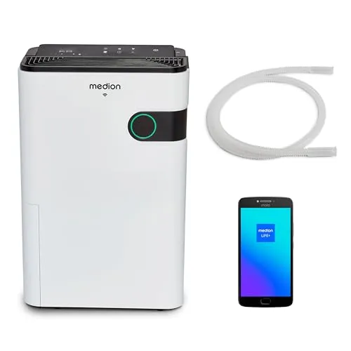 MEDION DH30S Elektrischer Luftentfeuchter – Smart & Leise - Ideal für Räume bis 40 qm: Der MEDION Luftentfeuchter bietet moderne Steuerung über Sprachassistenten und hat einen großen Wassertank für einfache Handhabung. Effizient mit R290 Kühlmittel für energiesparenden Betrieb.