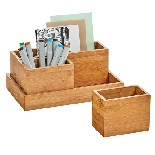 Zeller Schreibtisch-Organizer 4tlg-Set aus Bambus - Praktisches 4-teiliges Set aus natürlichem Bambus für stilvolle Ordnung im Büro und Bad. Ideal zur Aufbewahrung von Stiften und Kosmetikartikeln. Passt mit 28,0 x 17,7 x 11,0 cm perfekt auf jede Ablage.