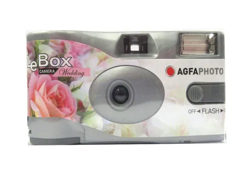 AgfaPhoto LeBox Wedding Einwegkamera - Praktische Einwegkamera für Hochzeiten, Partys und Festivals. Ideal für Innen- und Außenaufnahmen, inklusive Batterien und hochwertigem Fuji-Film mit 27 Aufnahmen.