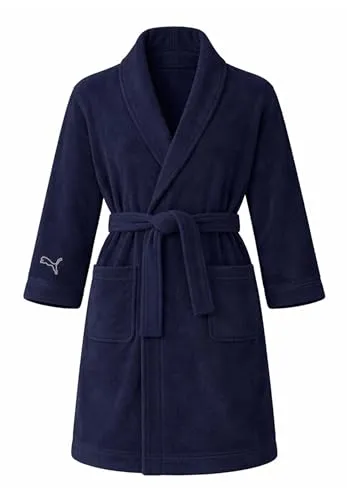 PUMA Unisex Bademantel Frottee 100% Baumwolle in Blau, Größe S/M - KOMFORTABEL & LANGLEBIG: Der PUMA Bademantel aus 100% Baumwolle bietet Weichheit und eine optimale Passform. Ideal für Saunagänge oder entspannte Tage zu Hause. Der flauschige Frottee-Stoff sorgt für ein angenehmes Tragegefühl.