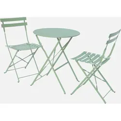 sweeek Klappbarer Bistro-Gartentisch mit 2 Stühlen – Graugrün - Praktisches Bistro-Set mit klappbarem Tisch und 2 Stühlen aus robustem Stahl. Leicht zu verstauen und ideal für den Garten oder die Terrasse. Genießen Sie gemütliche Stunden im Freien!