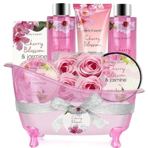 BODY & EARTH Geschenke für Frauen 8 tlg, Kirschblüten & Jasmin Duft - Entdecken Sie das 8-teilige Badeset für Frauen: Schaumbad, Duschgel, Badesalz und mehr, ideal für entspannende Wellnessmomente. Die elegante Aufbewahrung in Badewannenform macht es zum perfekten Geschenk für jeden Anlass.