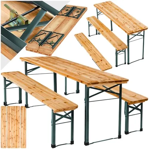 tectake® Bierzeltgarnitur klappbar - Gartenmöbel Set für bis zu 8 Personen - Esssets für die Terrasse, klappbar und wetterfest, ideal für Gartenpartys, Camping oder Balkon mit stabilen Bierbänken aus robustem Holz.