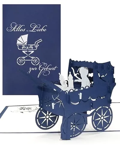 3D Karte zur Geburt Junge - Kinderwagen“ - Pop-Up Karten zur Geburt - Glückwunschkarte zum 1. Geburtstag als Gutschein, kleines Geschenk, Geschenkgutschein & Geschenkverpackung